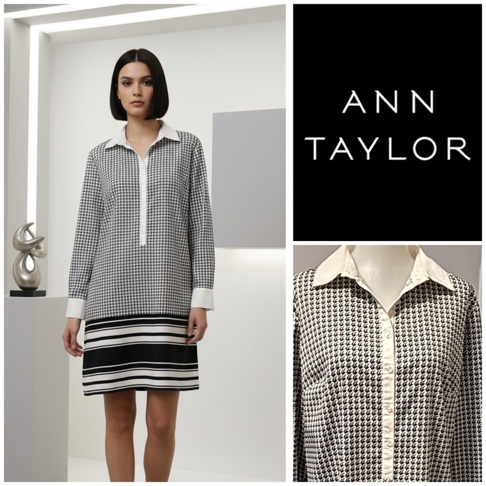 Ann Taylor Monochrome Houndstooth Shift Dress w/ Navy Stripes